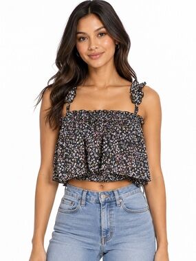 Lyn Burches Floral Smocked Crop Top  Ruffle Overlay Cottagecore Y2K